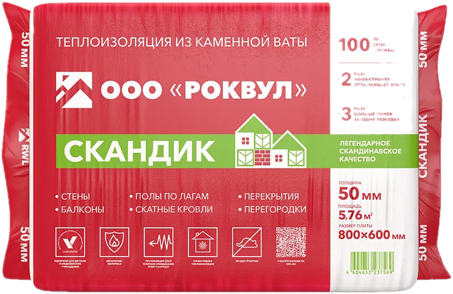 ROCKWOOL Лайт Баттс Скандик 800*600* 50 (5,76м2)(0,288м3)